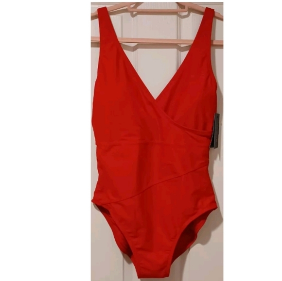 TOMMY HILFIGER RED SCA V-NECK FRONT LAYER WRAP SWIMSUIT SWIMWEAR SIZE 10 NEW WI - Picture 2 of 14